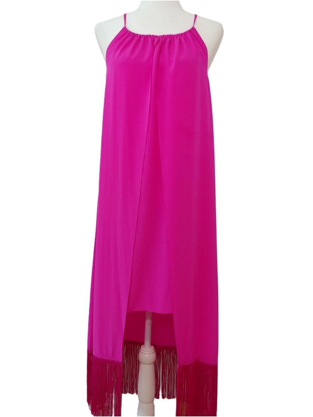 Trina Turk Silk Fringe Shift Halter Maxi Dress Fuchsia Women's Zero 0